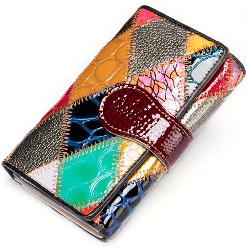 Wallet Women, Elegant Ladies Handmade Bag Short Wallet Colorful Splicing Coin Purse Multi Card Position Head Layer Cowhide Money Clip (4203Lacquered Leather Diamond)2