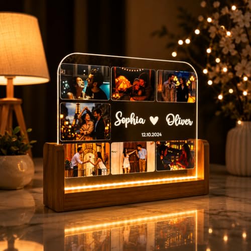Image of Custom Photo Collage LED Lamp | Personalized Acrylic Night Lamp with Wooden Base | Photo Frame Light with Name | Couple Gift | u Shape (Large(13 * 8.5), u Shape)