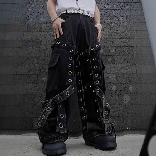 XYXIONGMAO Men's Gothic Baggy Wide Leg with Adjustable Straps Multi-Pockets Punk Techwear Y2K Streetwear Cargo Pants for Men4