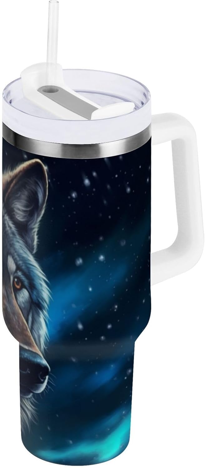 YETTASBIN Wolf 40 oz Tumbler with Handle, Stainless Steel Vacuum Insulated Sports Water Bottle, Leak-proof Travel Coffee Mug Cup with Lid and Straw for Water, Iced Tea or Coffee - Image 2