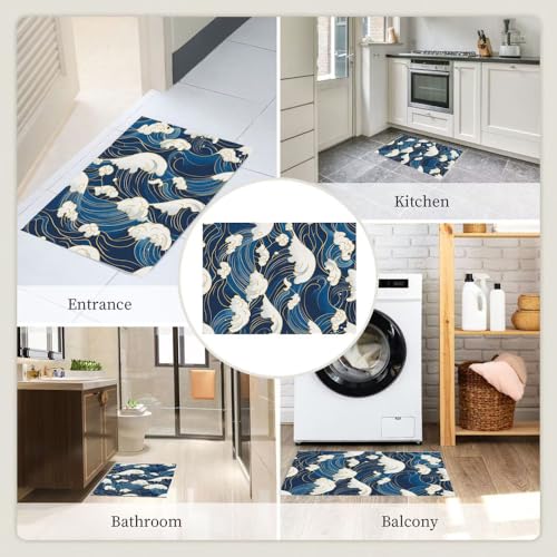 Tapis de bain antidérapant bleu vagues, tapis de douche absorbant et lavable machine