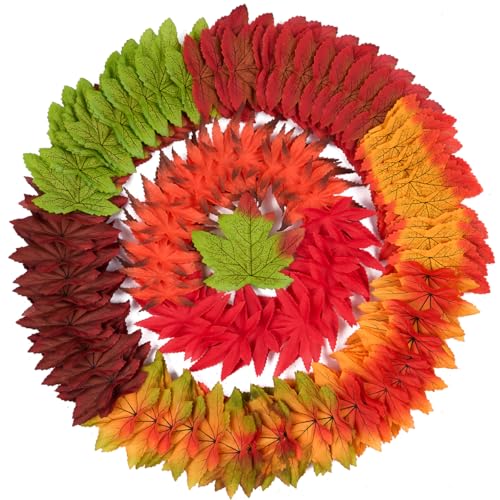 DOJoykey 200 hojas de arce otoñales, hojas artificiales de otoño de colores mixtos para decorar habitaciones temáticas otoñales, tarjetas, manualidades y día de Acción de Gracias
