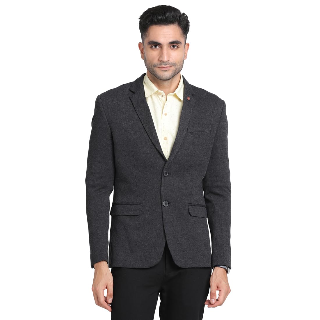 Men Knitted Solid Charcoal Blazer-image-38