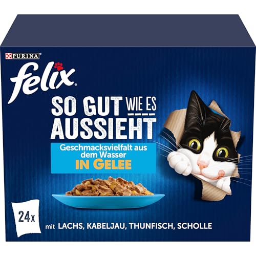 Felix So gut wie es aussieht Katzenfutter nass Geschmacksvielfalt aus dem Wasser in Gelee, Fisch Sorten-Mix, 4er Pack (4 x 24 Beutel à 85g)