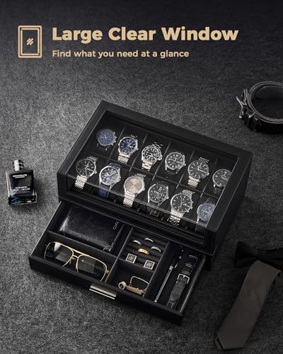 Image of ProCase Watch Box for Men, 12 Slots Watch Display Holder with Clear Acrylic Top, Large Capacity PU Leather Case with Drawer Organizer, Jewelry Storage, Ideal Gift for Men Women -Black