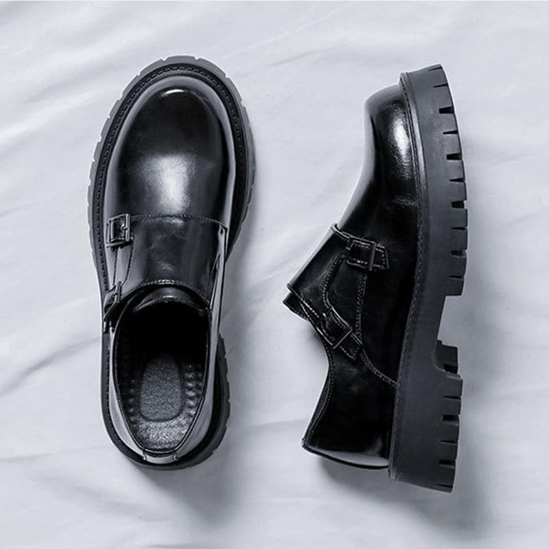 Men's Leather Black Business Platform Work Shoes Slip-on Double Monk Strap Dress Oxford Sneakers Fashion Non-Slip Low Top Walking Shoes3