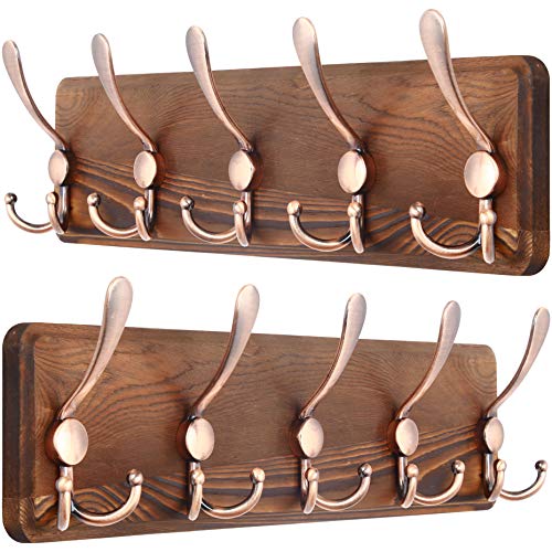 Image of SKOLOO Coat Rack Wall Mounted - Pack of 2, Wooden, Heavy Duty, Rustic Coat Hooks for Wall, Wall Coat Rack with 5 Triple Hooks for Hanging Clothes, Jacket, Hat(Brown & Retro Red)