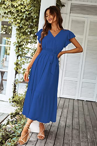 PRETTYGARDEN Women's Summer Floral Boho Maxi Dress Wrap Short Sleeve V Neck Ruffle A-Line Flowy Wedding Guest Long Dresses
