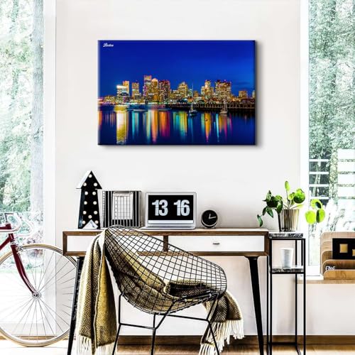 Image of Night Scene Canvas Prints Poster Boston Cityscape Wall Art Nature Blue Skyline Landscape Paintings Wall Decor Building Reflection Picture Artwork Office Bathroom Bedroom Living Room Decorations 24x36 inch