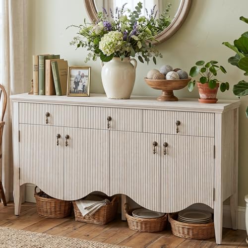 Image of FUSUNBAO 57 inch Fluted Sideboard Buffet with Storage, 4 Doors & 3 Drawers, Oak | 3 Drawers and 4 Doors, Vintage Fluted with Scalloped Base, Organic Modern Accent Cabinet, For Dining Room
