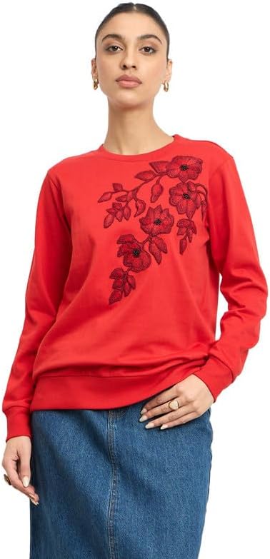 Astrid Red Embroidered Sweatshirt - Wool, Full Sleeves, Pull-On Closure, Machine Washable, Elegant Red Design
