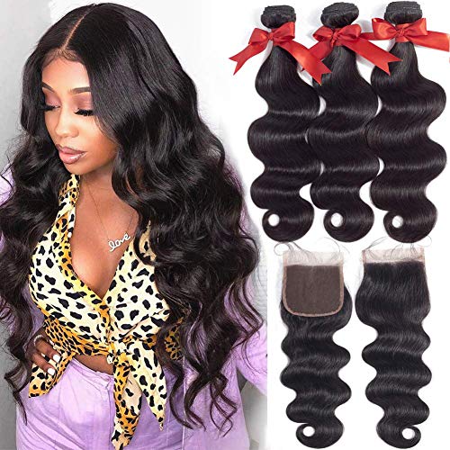 Fashion Queen Body Wave Bundles With Closure(18 20 22+18inch) 8A Brazilian Virgin Human Hair Bundles With 4X4 Free Part Closure 100% Unprocessed Natural Color Human Hair for Black Women