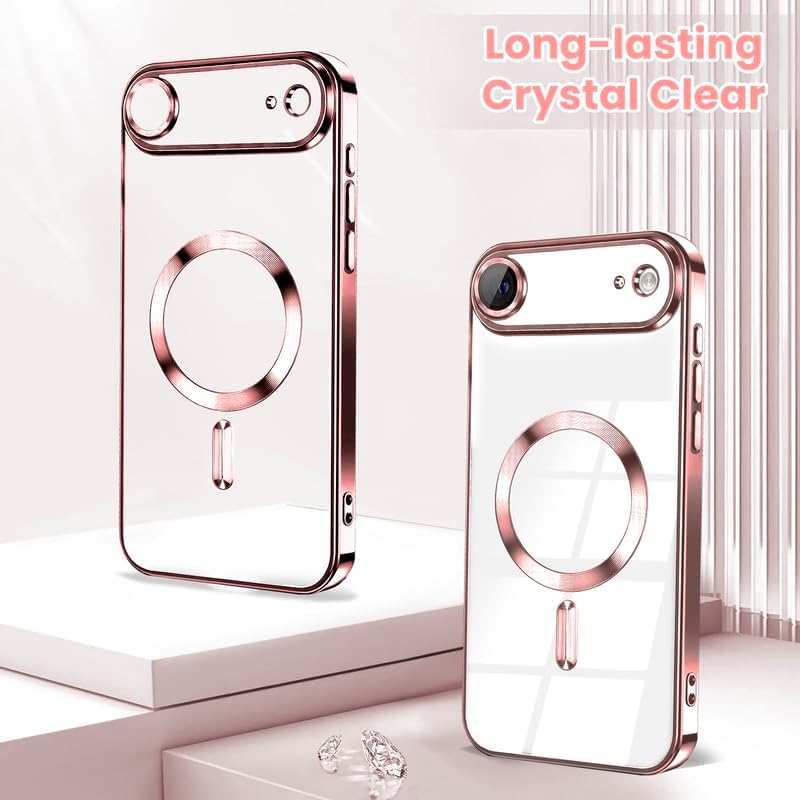 Image of VONZEE Electroplating Transparent Clear Logo Back Cover TPU Compatible with iPhone 17 Air, Compatible with Magsafe, Full Body & Individual Camera Protection for Each Lens for Men & Women (Rose Gold)