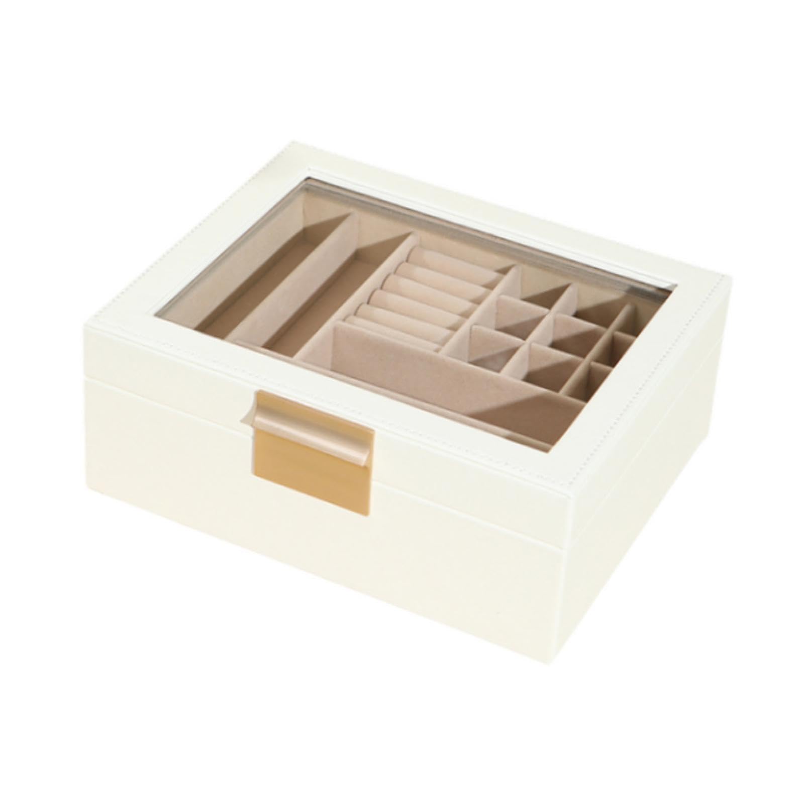Portagioie da donna, in pelle PU, con coperchio trasparente, per collane, anelli, gemelli, cavigliere, 24 x 19 x 9 cm, bianco