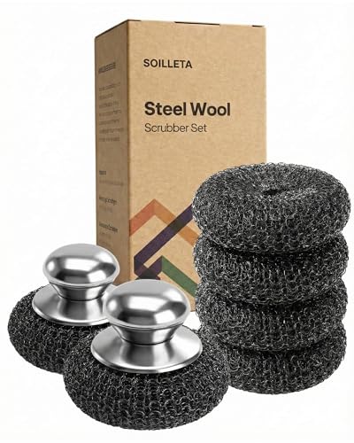 Soilleta 8 Pcs Steel Wool Scrubbers with 2 Pcs Handle Stainless Steel Scouring Pads for Cast Iron Skillets Grill & Kitchen Pots - Rust Resistant Non-Splintering Heavy Duty for Tough Grease