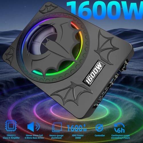 Image of 1600W Slim Underseat Subwoofer with Built-in Amp 10 Inch Sub | RGB Ambient Lighting, LPF /Gain /Bass Boost Controls, Individual Controls, Distortion-Free Deep Bass | Universal Fit for All Car