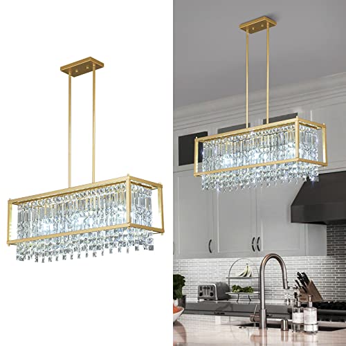 Lmqnine 3-Light Dining Room Light Fixture 30.7 Inch Square Lndustrial Farmhouse Chandelier Gold Metal Crystal Pendant Light For Kitchen Island Dining Room Living Room Flat And Inclined Ceiling #TOP11