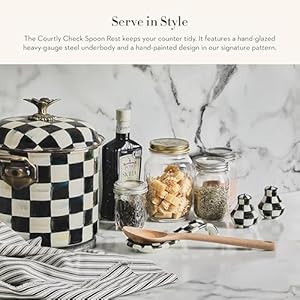 MACKENZIE-CHILDS Enamel Spoon Rest, Kitchen Utensil Rest and Spoon Holder, Kitchen Decor, Black-and-White Courtly Check MACKENZIE CHILDS Enamel Spoon Rest Kitchen Utensil Rest and Spoon Holder Kitchen Decor Black and White Courtly Check