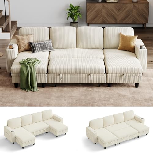 LINSY HOME Schlafsofa Ausziehbarer Couch, Ecksofa mit Schlaffunktion, Stauraum, Cord-Bezug U-Form Modulare Sofas mit Chaiselongue für Wohnzimmer und Wohnungen (Beige, U-Form)