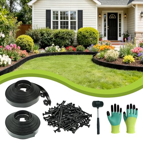 2in x 100ft No Dig Landscape Edging Garden Edging Border with 150 Spikes Hammer & Gloves Tool-Free HDPE Lawn Edging Kit for Garden Yard Flower Beds Pathway Landscaping Project