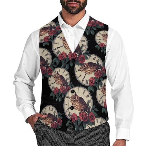 Owl Rose Flowers Clock Men's Suit Vests Dress Vest V-Neck Waistcoat Slim Business Formal with Pocket