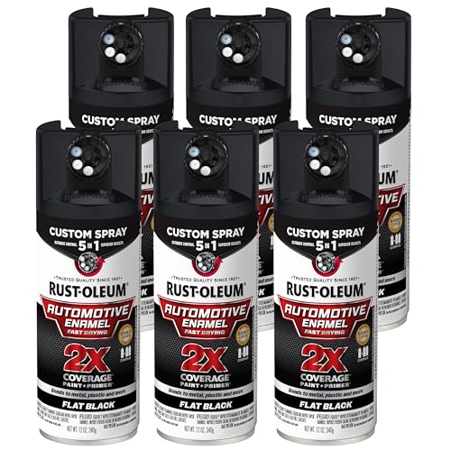 Image of Rust-Oleum 2X Automotive Enamel 5-in-1 Spray Paint, Flat Black | Fast Dry, Adjustable Custom Spray Dial, Multi Surface (Metal, Wood, Plastic and More), Any Angle, Ultimate Coverage, 6 Pack