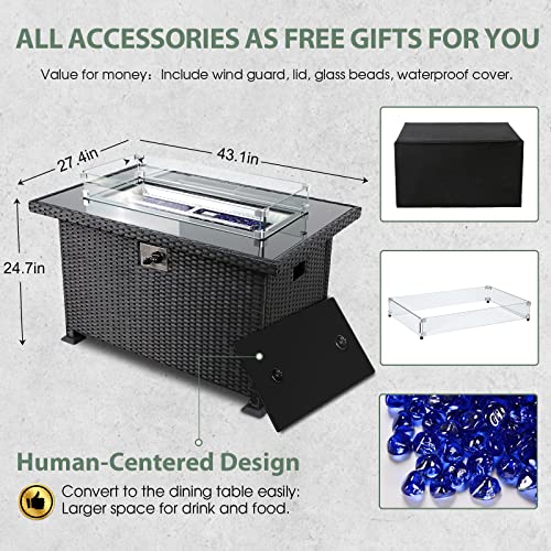 Morohope-Propane-Fire-Pit-Table-43inch-50000-BTU-Gas-Fire-Pits-for-Outside-Wicker-Dining-Fire-Table-with-Glass-Wind-Guard-Lid-Glass-Beads-for-Patio-Garden-Backyard-Black