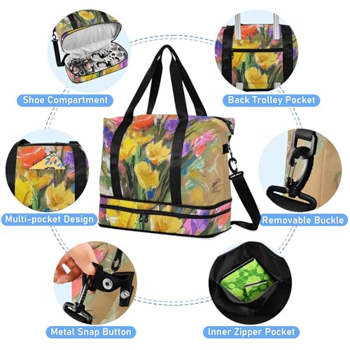 Retro Flowers with Color Oil Painting Feel Travel Duffel Bag Shoulder Weekender Overnight Bag with Toiletry Bag for Trekking Waterproof 5