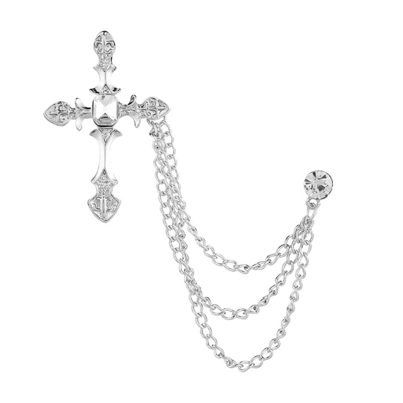 Hcma Men's Silver, White New Metal Cross Brooch Crystal Rhinestone Tassel Chain Lapel Pin Fashion Suit Badge For Wo Accessories