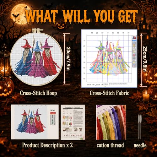 Image of VIGEGU Witch Stamped Cross Stitch Kits for Adults Beginners with Hoop Frame