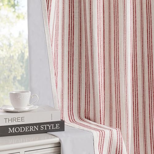 Image of MYSKY HOME Striped Curtains 100% Blackout for Girls Bedroom 84 Inches Long Red Stripe Patterned Linen Blend Double Layer Farmhouse Rustic Drapes, Grommet, 2 Panels, 52 inch Wide