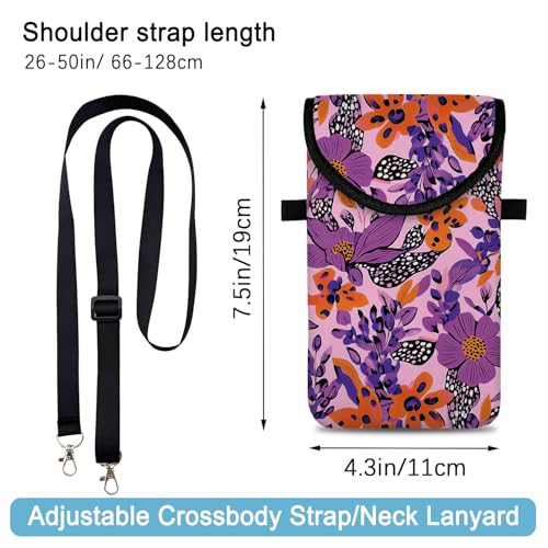 Image of Neoprene Cell Phone Sleeve Pouch Case Bag with Crossbody Strap Neck Lanyard for Women 7.5 X 4.3 in Purple Flower