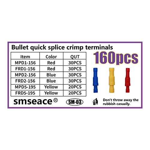 Smseace CAMPD&FRD-R-Y-B-160 160Pcs Bullet Connectors Terminal Insulated Female And Male 22-16/16-14/12-10Awg Wire Connectors Bullet Crimp Terminal Sm-03 thumb #1