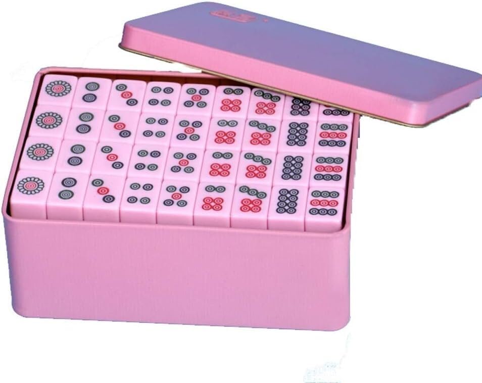 Mini Mahjong de voyage rose, boîte en fer compacte avec 144 tuiles de 20mm couleur émeraude