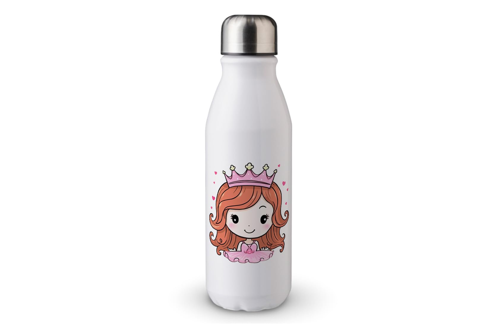MAXIKIWI - Single Wall Water Drinking Bottle with Screw Cap, Non Insulated Lightweight Aluminium, BPA Free, Leak-Proof - Cute Princess With Tiara - 500ml