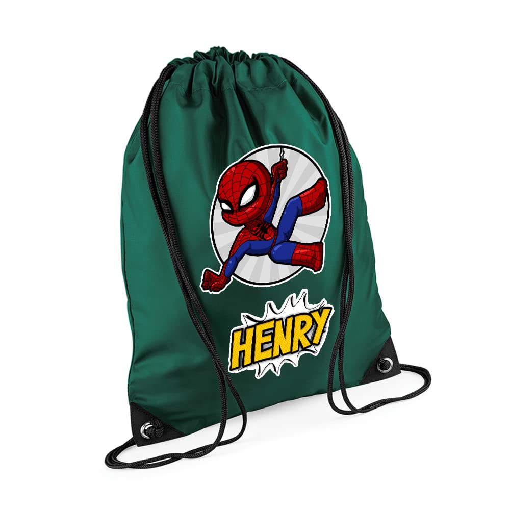 Superhero Bag, Personalised Backpack, Gift For Kids, Boy, Cartton Character Bag, Birthday, Christmas Drawstring Bag, PE Gym Kit Swimming, Sport Rucksack. (Bottle Green) โ image 1