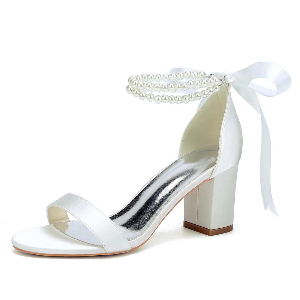 Xjizu Wome's Open Toe Pearl Wedding Shoes High Heels,Satin Block Heel Ankle Strap Wedding Sandals,Chunky Heel Bridal Shoes Pumps