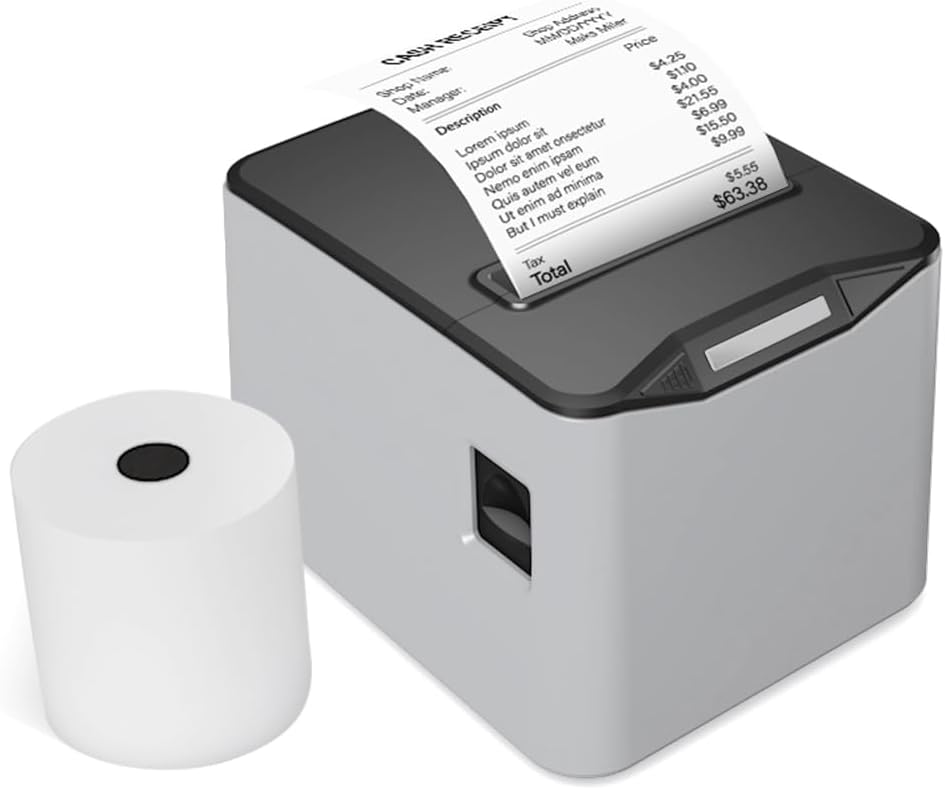 Bisofice Thermal Receipt Printer 80mm Desktop Direct Thermal Printing USB+LAN Connection High Speed with Auto Cutter Large Paper Bin Support ESC/POS for Shipping Business Restaurant