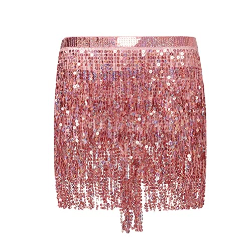 Aoduoer Sequin Tassel Skirt - Belly Dance Hip Skirt Fringe Tassel Hip Scarf Rave Skirts For Women And Girls Halloween Cowgirl Costume (Pink), One Size Short #TOP1