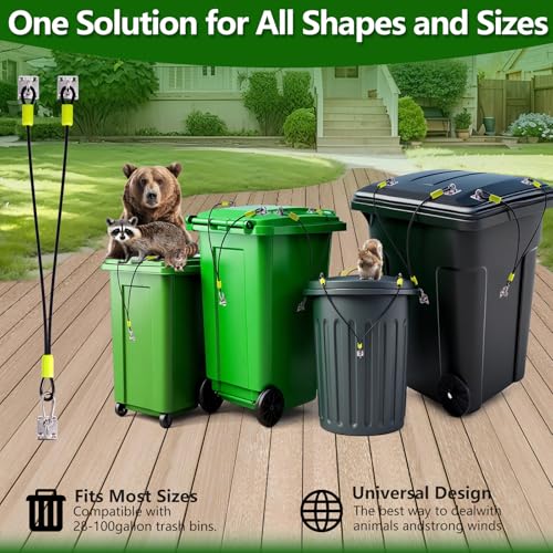 Image of Universal Raccoon Trash Can Lid Lock - Small Animals Outdoor Trash Can Lid Lock with Two Steel Wire Rope,Also Works for Bear,Rat,Wind and Other Wildlife (1)