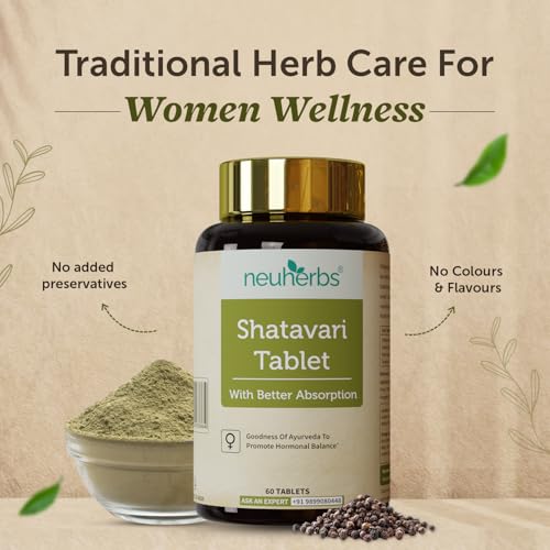 Image of Neuherbs Shatavari 60 Tablets for Women | Supports Hormonal Balance, Lactation, Energy & Immunity | Ayurvedic Herbal Supplement for Women's Wellness | No Added Preservatives