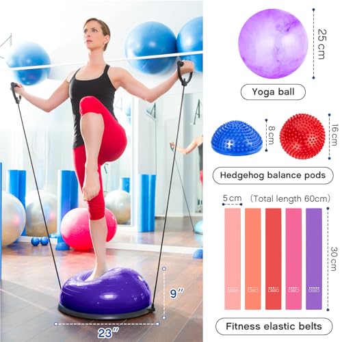 Honoson Half Ball Trainer Yoga Ball with Resistant Band Foot Pump Set, Half Exercise with Fitness Elastic Belt Hedgehog Balance Pods for Core Stability Full Body Workout Gym (Purple,18 Inch) by Honoson - Image 2