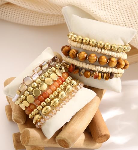iF YOU 12 Pcs Boho Beaded Bracelets for Women, Brown Orange Bohemian Stackable Gold Bead Stretch Bracelets Stack Jewelry Gift4
