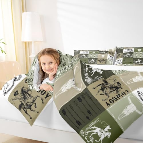 Couette cowboy et 2 taies d'oreiller patchwork vert armée pour lit double enfant