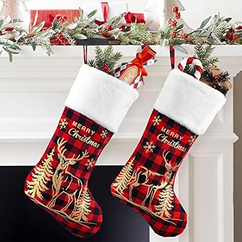PIKRONSH Pack of 2 Christmas Stockings, 20 Inch Gold Moose Pattern Buffalo Plaid and White Cuff, Fireplace Christmas Tree Hanging Decorations Gifts Cover