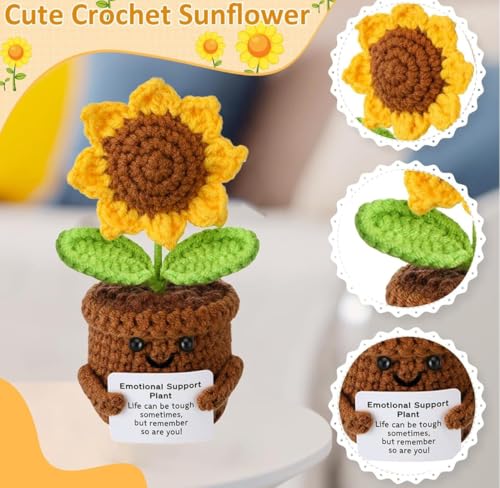 Image of VRB DecTM 1 Pcs Crochet Flowers Artificial Sunflower for Office Desk Car Dashboard Decor,Home Decoration, Office, Bedroom (Emotional Support Sunflower Artificial Plants with Crochet Pot - 1 Pcs)