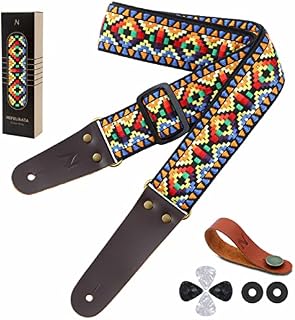 Nefelibata Vintage Guitar Strap (Blue Embroidery) - Cotton Guitar Straps with Lengthened Genuine Leather Ends for Bass, Electric and Acoustic Guitar | Best Gifts for Kids Men & Women Guitarists