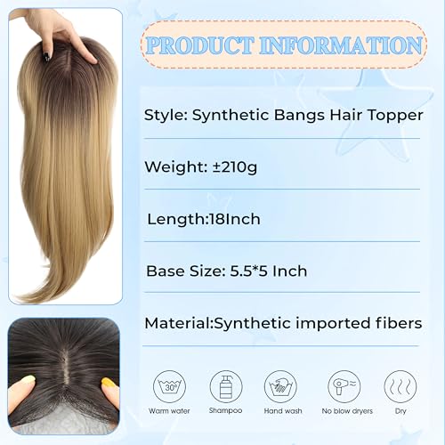 Image of Synthetic Hair Topper with Bangs 18 Inch Layered Toppers for Women with Thinning Hair 5.5 inch x 5 inch hand Tied Forehead Hairline 360 3D Cover Wispy Synthetic Toppers Hair for Women Fiber Wiglets