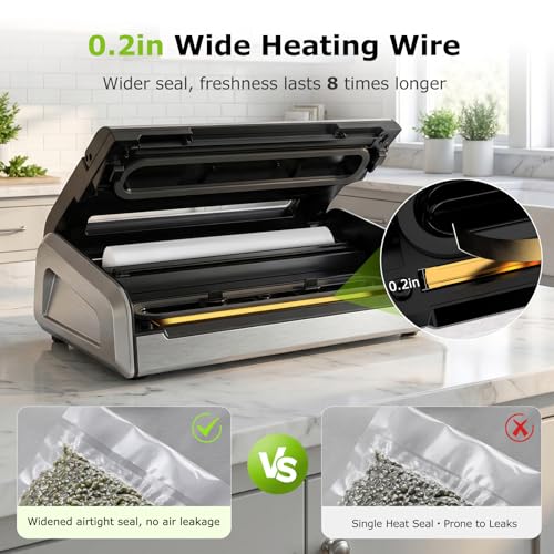 Image of Bonsenkitchen Vacuum Sealer for Food, One-Hand Operation Food Vacuum Sealer Machine with Digital Timer, 0.2-inch Wider Seal, Built-in Cutter and Bag Storage for Meal Prep, 1 Roll Bag & 10 Pre-Cut Bags