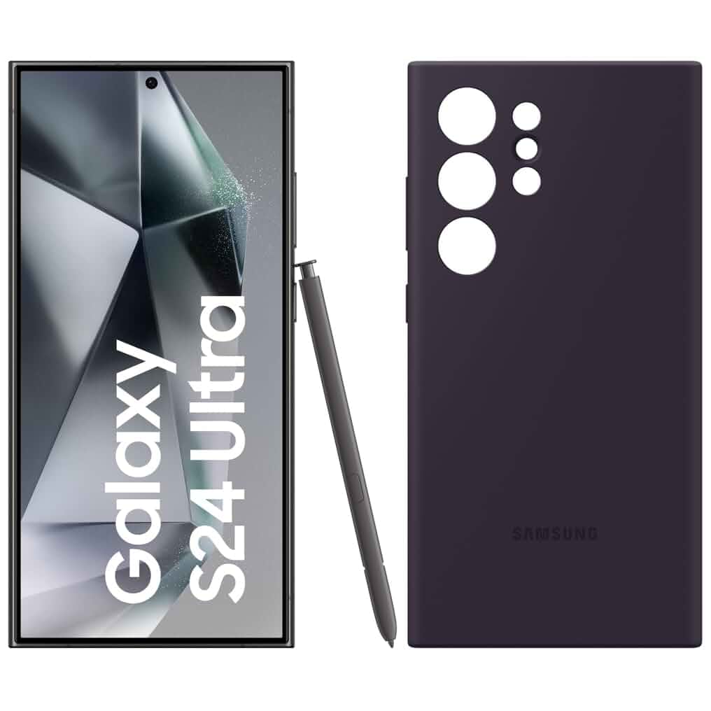 Samsung Galaxy S24 Ultra AI Smartphone, 12GB RAM/256GB Speicher, Titanium Black, 3 Jahre Herstellergarantie + Silicone Case Dark Violet